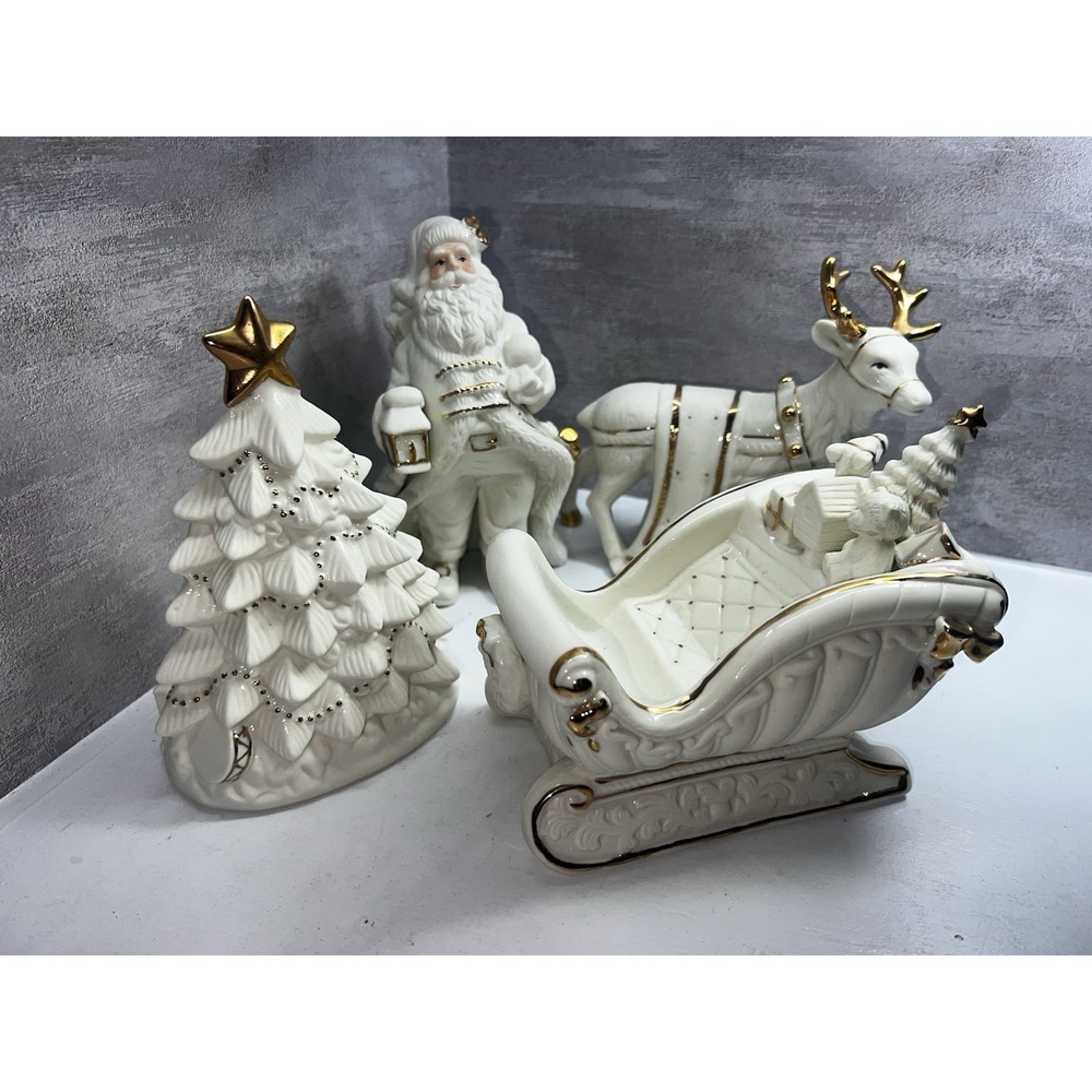 Kirkland's Santa Reindeer Sleigh Tree White/Gold Figure Set Excellent Condition